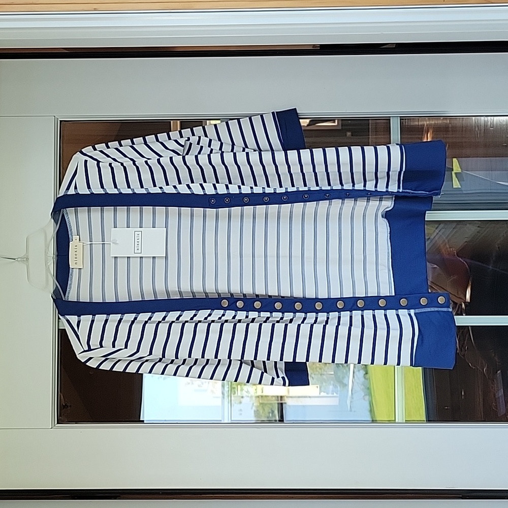 Women's Sz S Snapfront Cardigan, White With Navy Stripes, 3/4 Sleeves